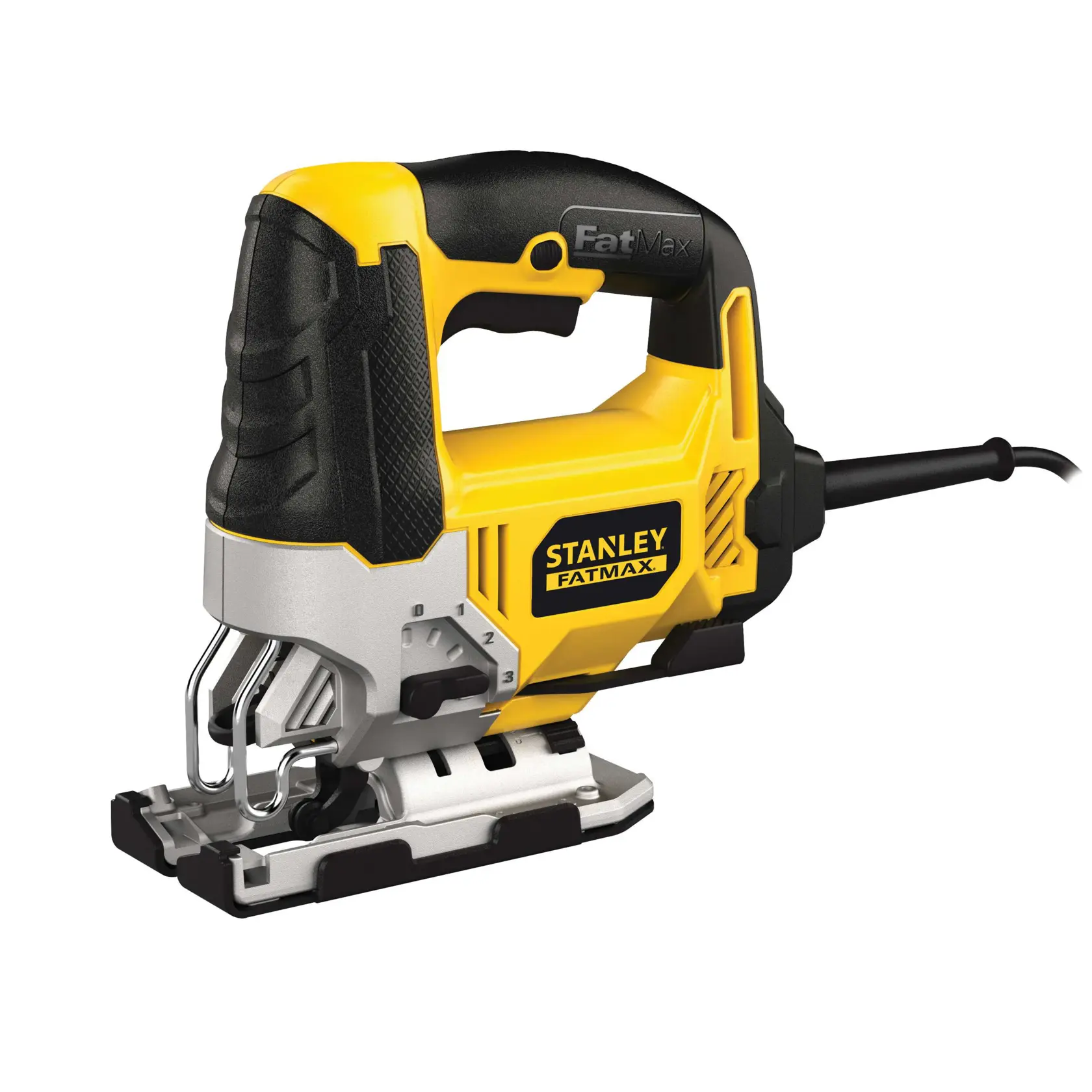 STANLEY FME340K corded jigsaw, yellow and black, side angle, power tool photography