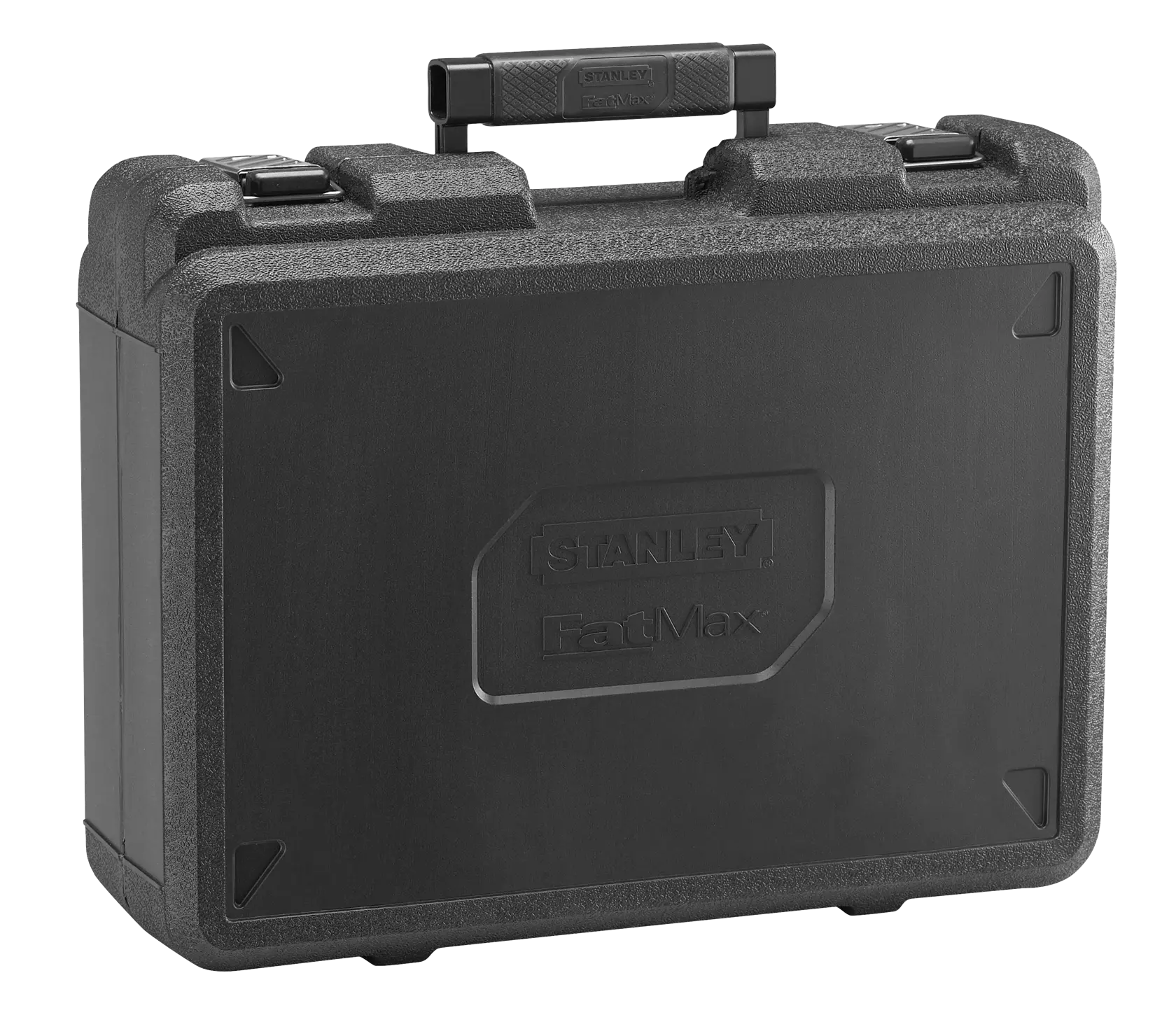 STANLEY FME340K hard black toolbox, FatMax logo, front angle, sturdy case with handle and latches.