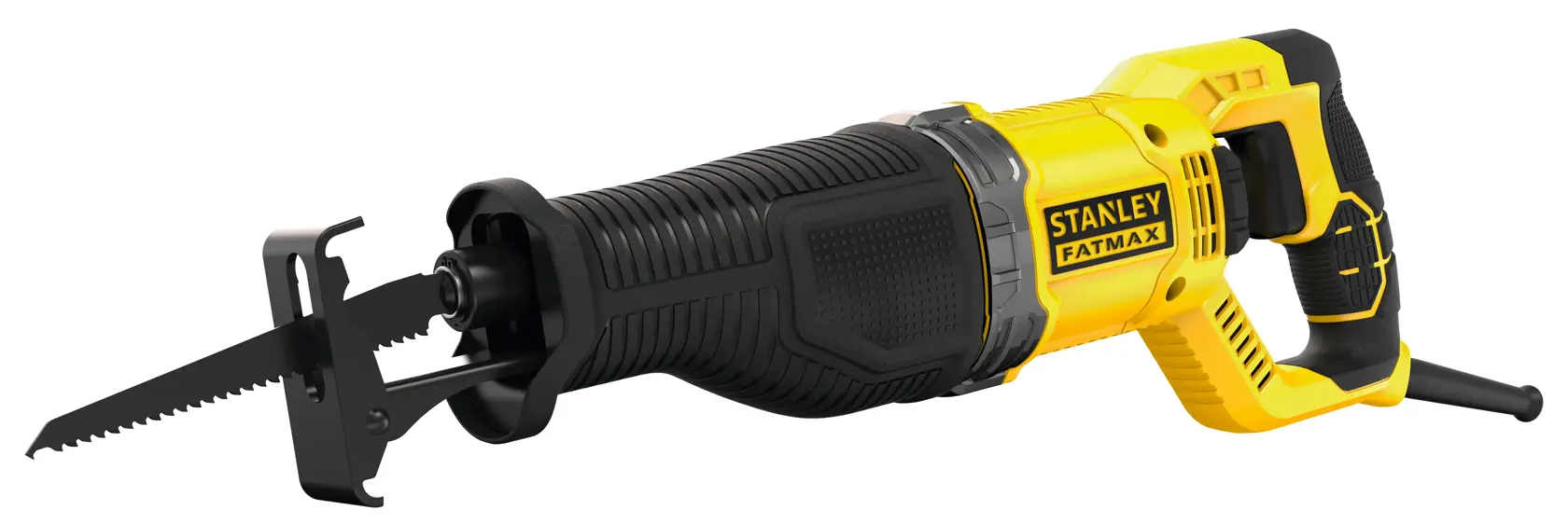 Stanley FatMax electric reciprocating saw with black handle and yellow body, designed for professional cutting tasks.