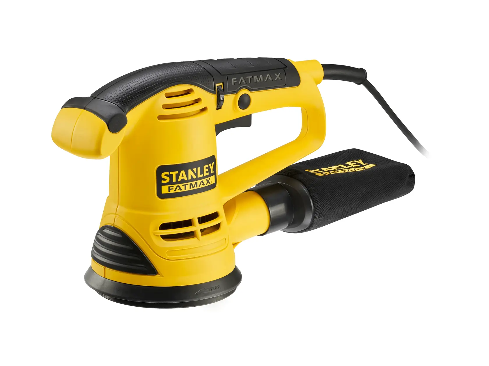 STANLEY FME440K yellow and black random orbital sander, side angle, with dust bag attachment.