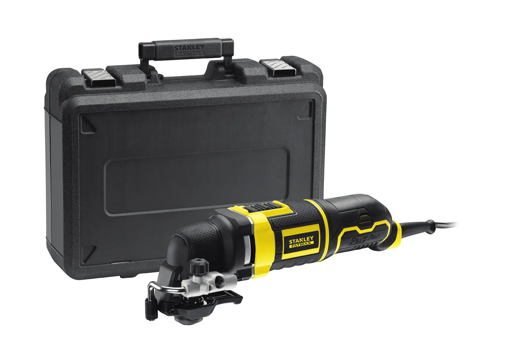 STANLEY FME650K oscillating multi-tool in black and yellow with hard carrying case, front angle on white background.