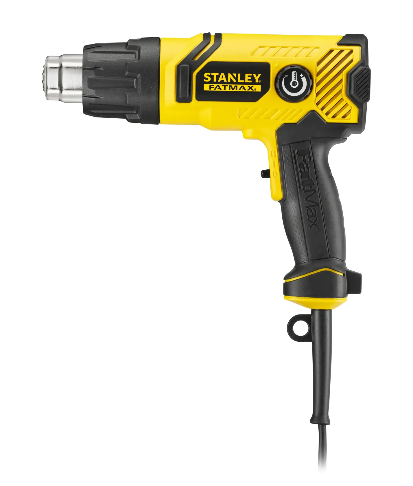 STANLEY FME670K heat gun, yellow and black, right side view, ergonomic handle, photography on white background.