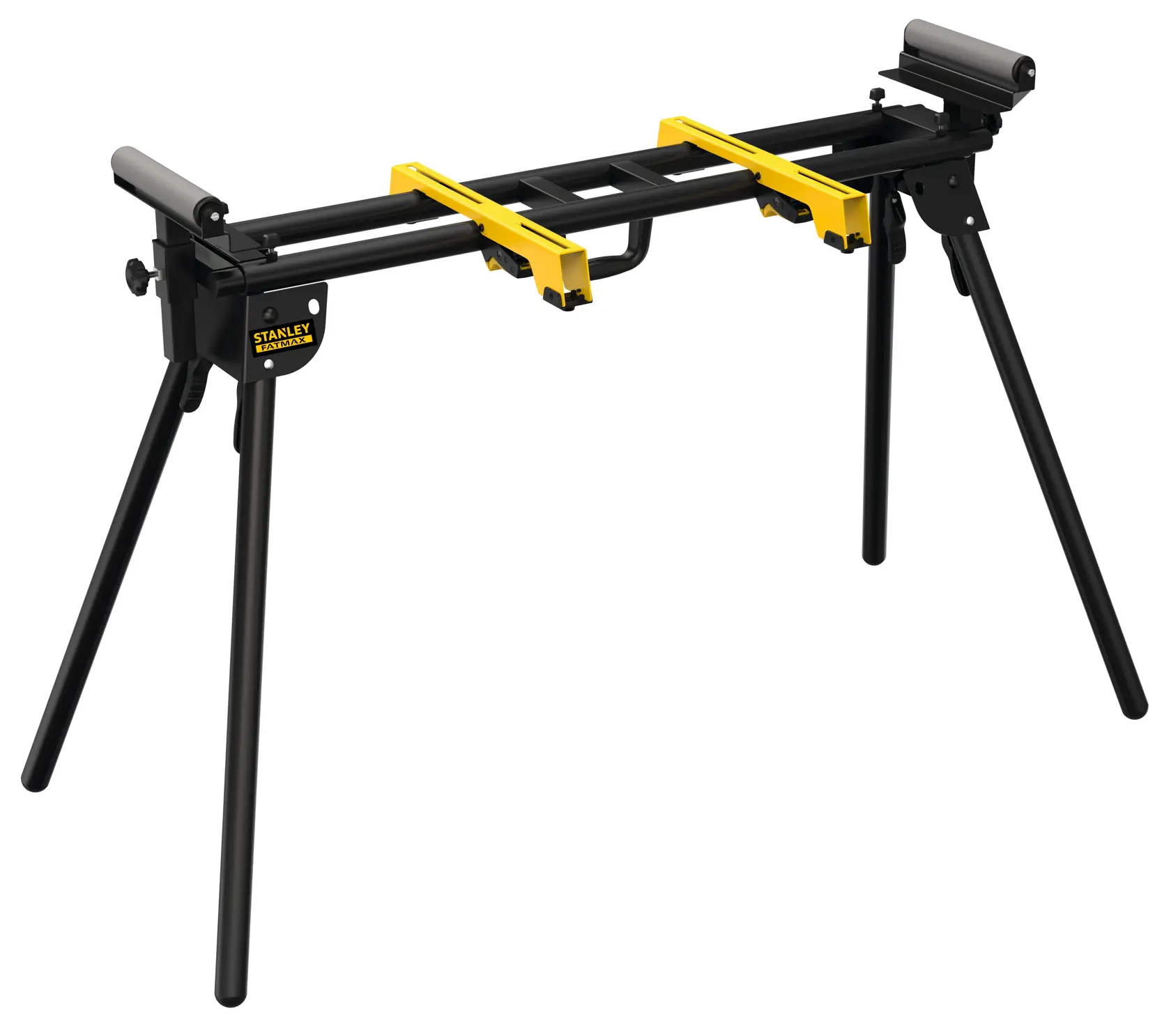 STANLEY FME790-XE black and yellow folding metal stand with adjustable brackets and four legs.