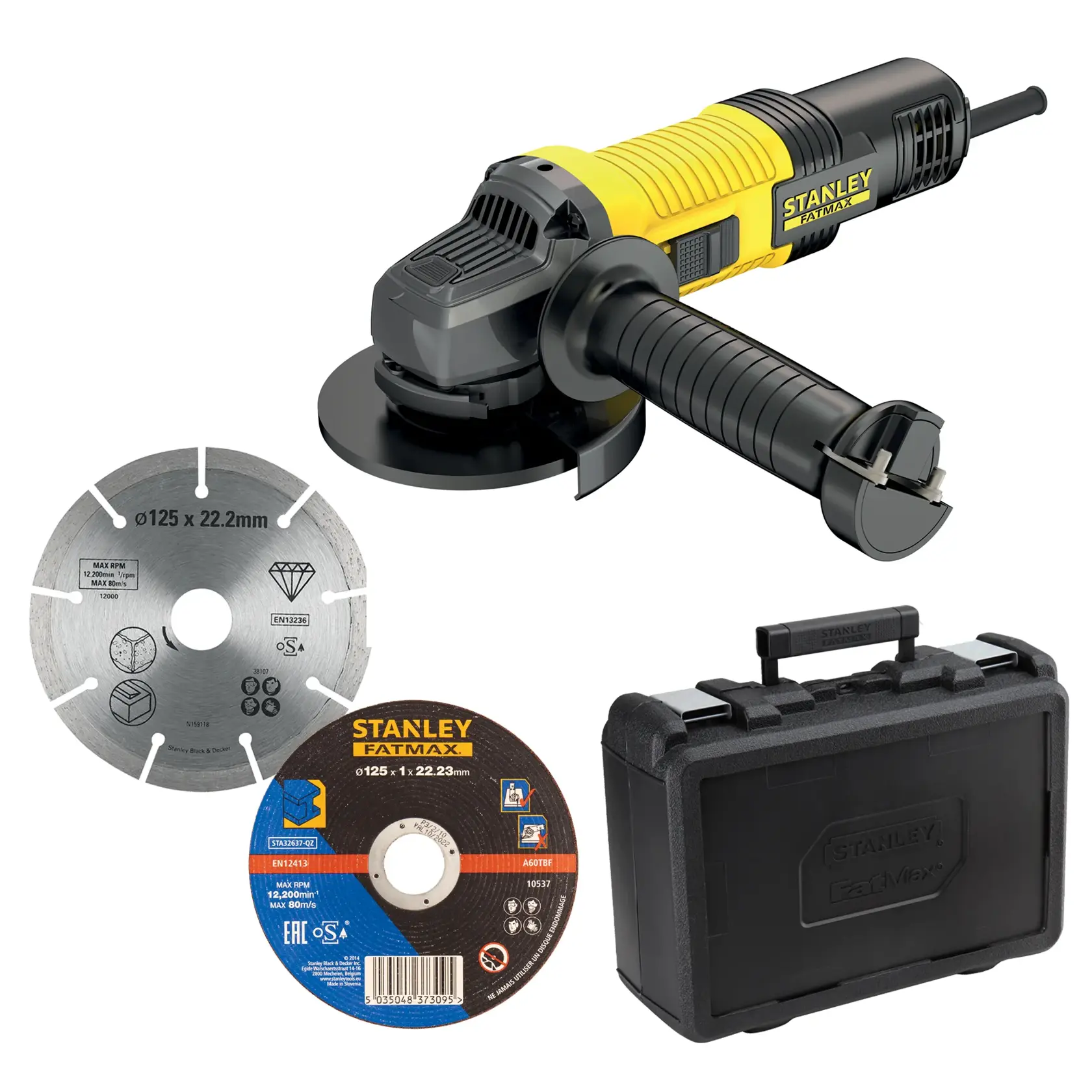 STANLEY FMEG220KA angle grinder set with two blades and black carrying case, photographed from above.