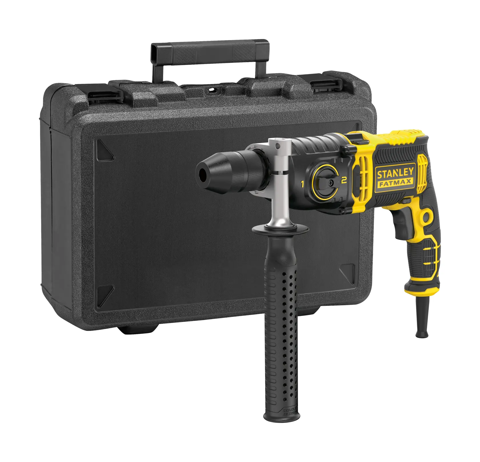 STANLEY FMEH1100K rotary hammer drill with black and yellow accents, shown with hard carrying case, front angle.