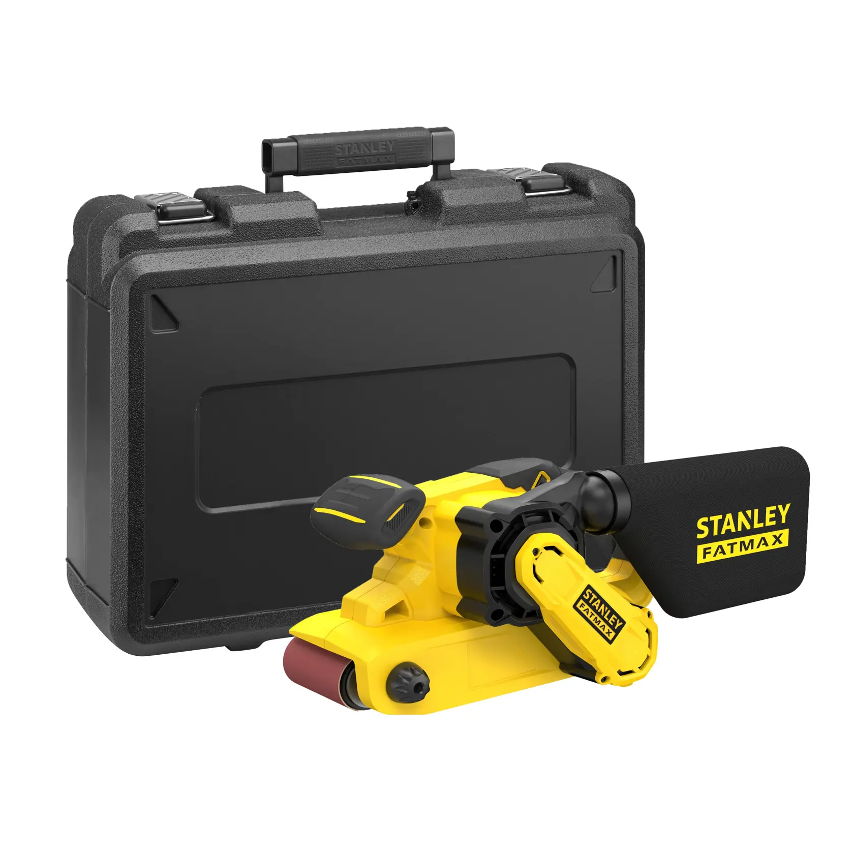 STANLEY FMEW204K-QS belt sander with black carrying case, front angle on white background.