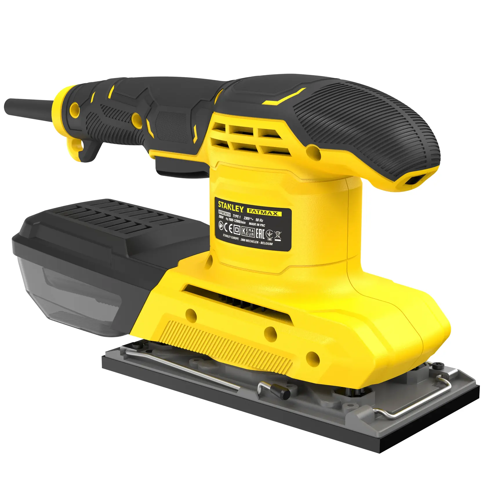 Stanley Fatmax electric sander in yellow and black, designed for woodworking and surface finishing.
