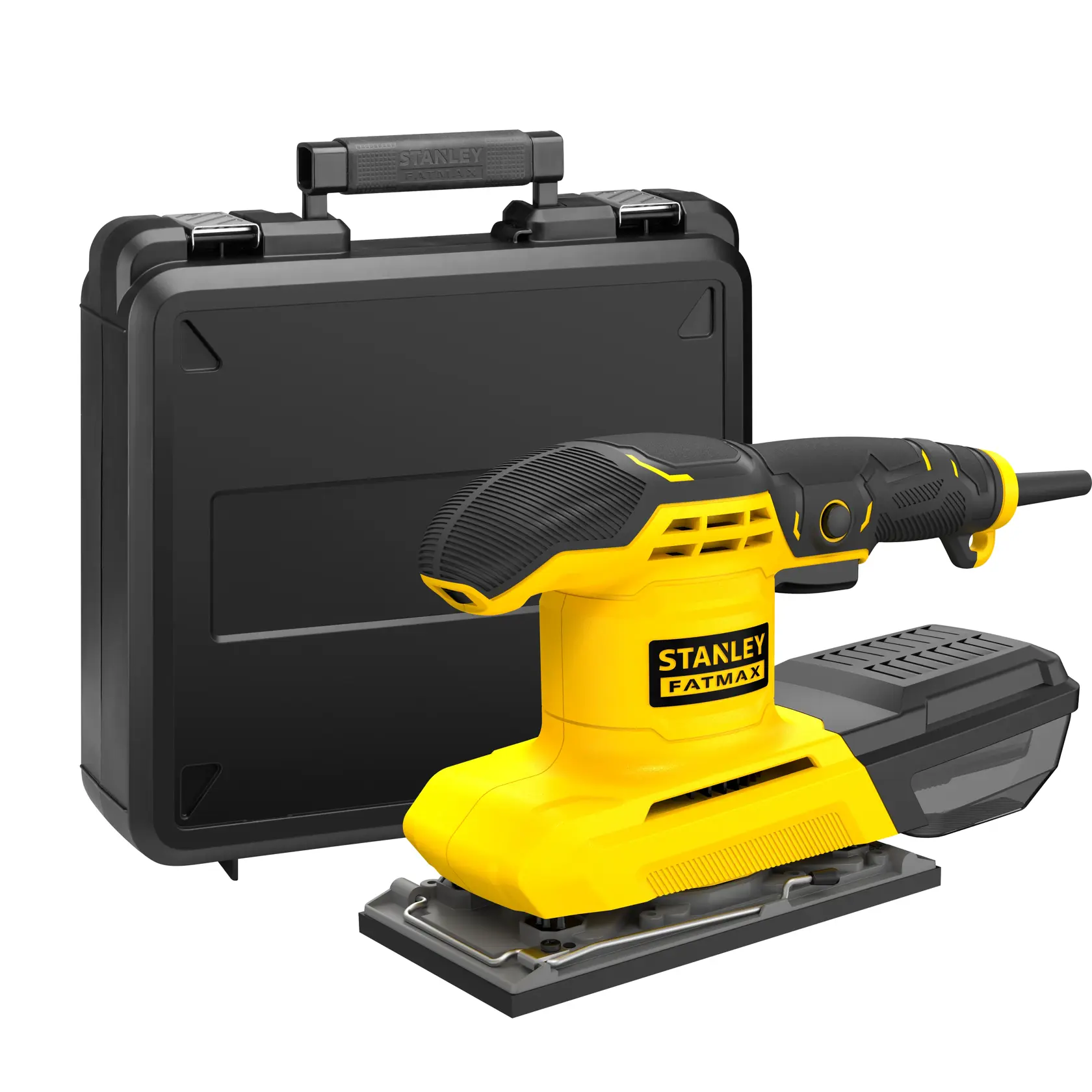 Stanley FMEW214K yellow and black sander with case, front angle on white background.