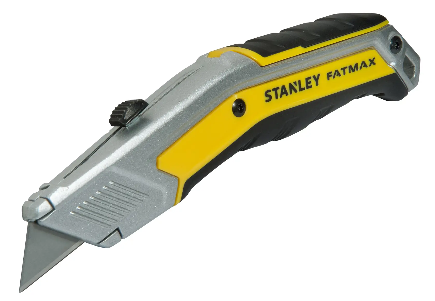 Stanley FatMax utility knife with retractable blade, yellow and black ergonomic handle.