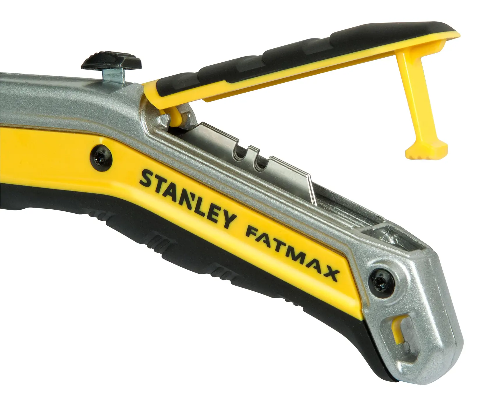 Photo of STANLEY FMHT0-10288 utility knife, yellow and black, side view with open blade storage compartment.