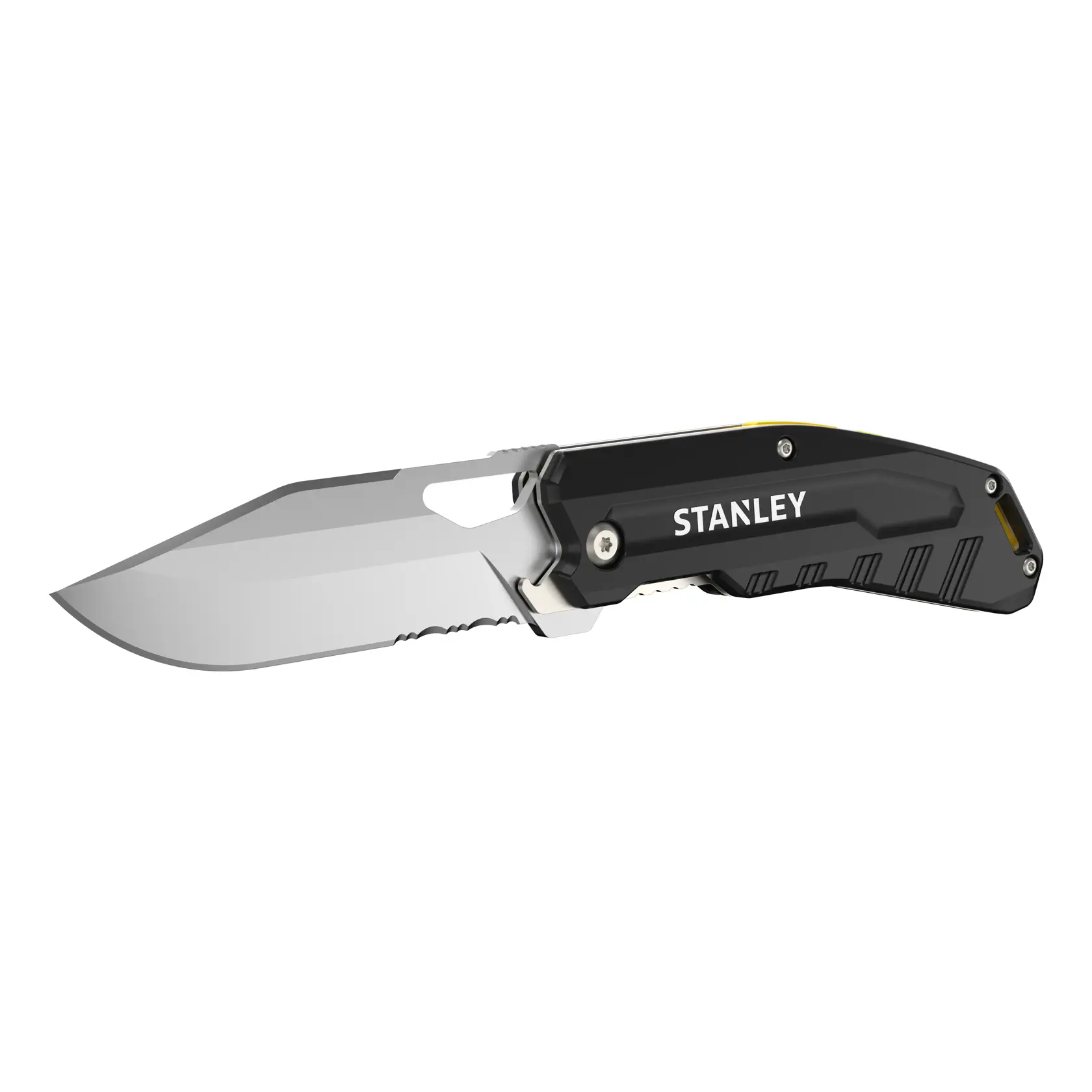 Stanley FatMax folding knife with a partially serrated blade and metallic handle.