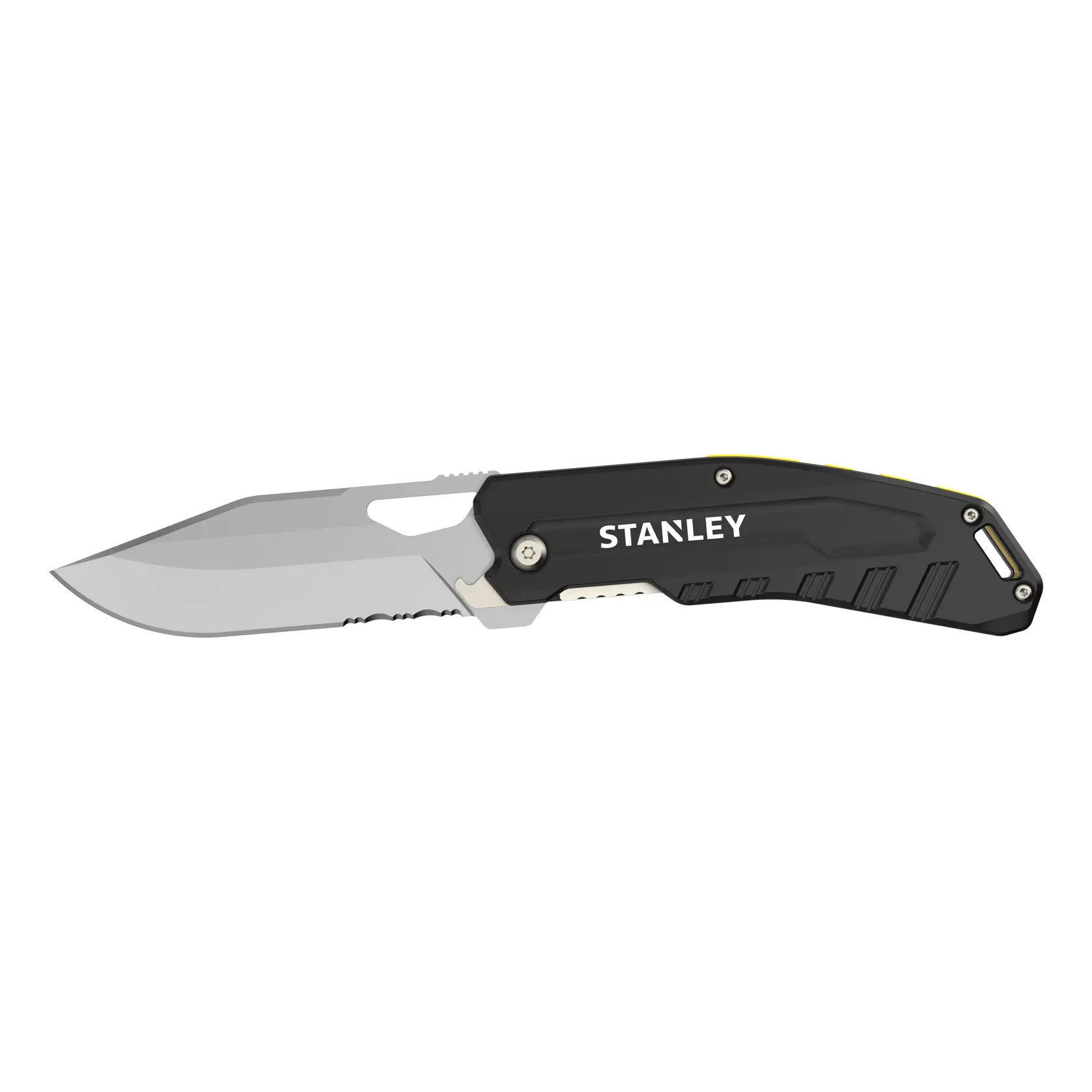 Photo of STANLEY FMHT0-10312 folding utility knife, closed position, metallic grey handle, angled on white background.