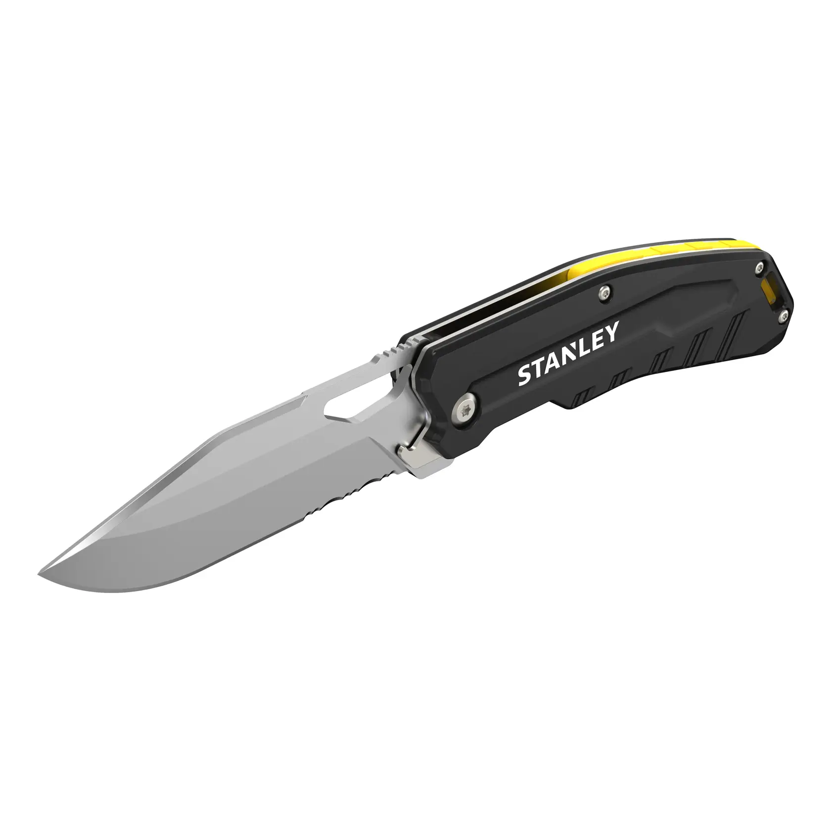 STANLEY FMHT0-10312 folding pocket knife, grey handle, black blade, product side view, photography.