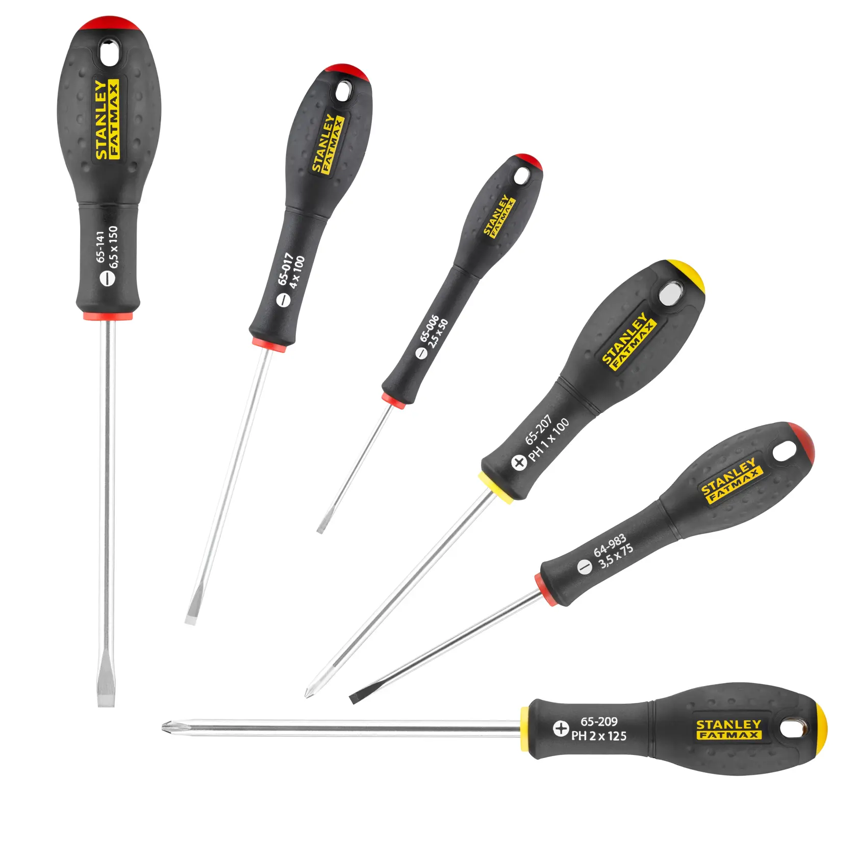 STANLEY FATMAX FMHT0-62627 screwdriver set, six pieces with black ergonomic handles, photographed on white background.