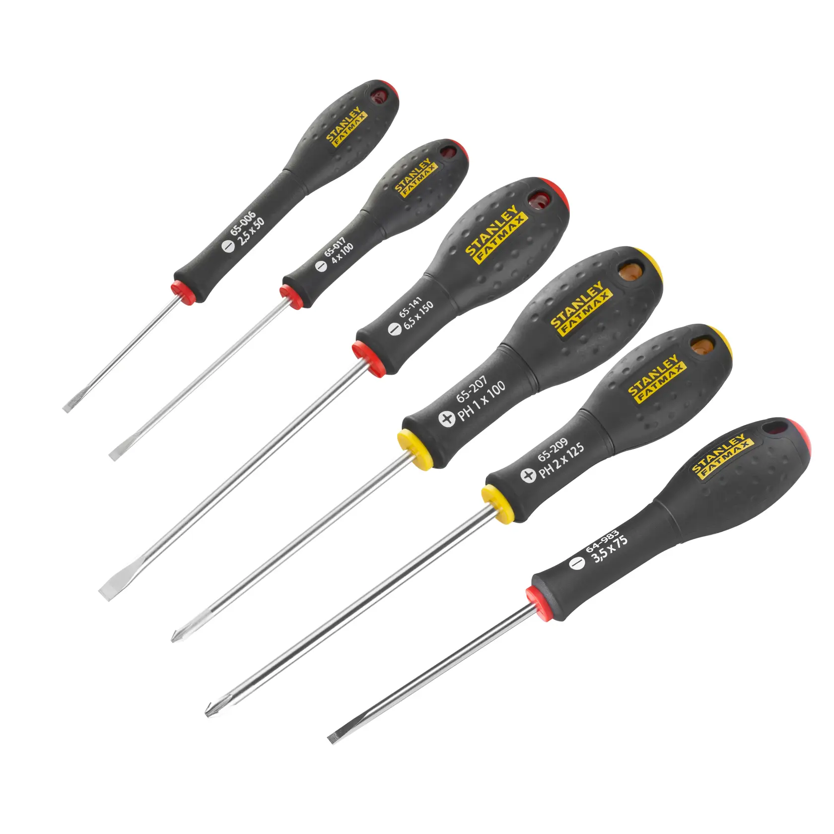 Stanley set of six screwdrivers with black handles and different tip types and sizes.