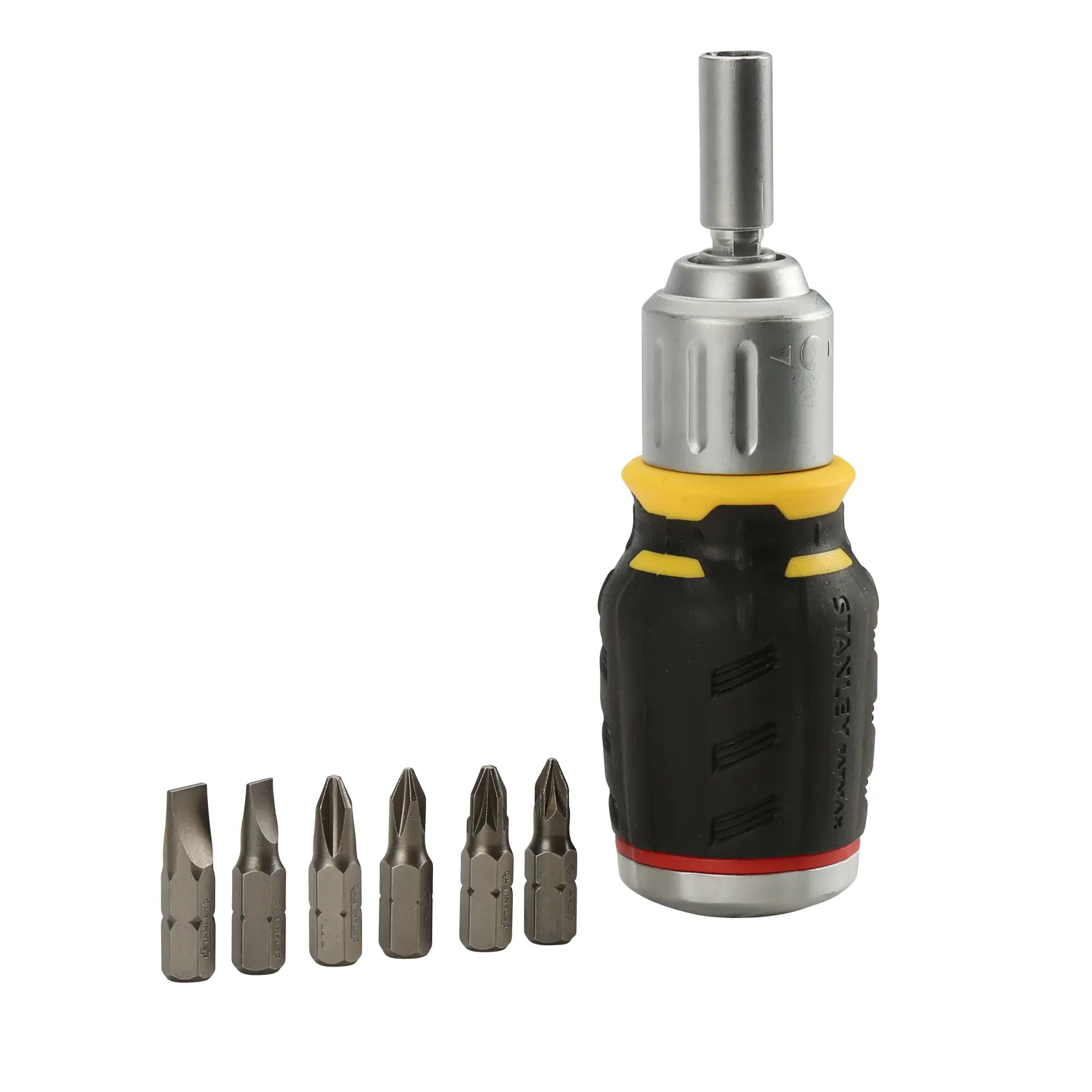 Stanley screwdriver with six interchangeable bits, black and yellow handle, suitable for various screw types.