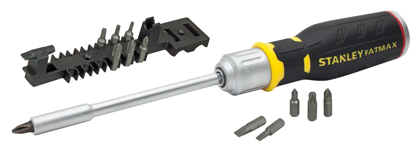 Stanley FatMax screwdriver with interchangeable bits and holder, shown on a white background.