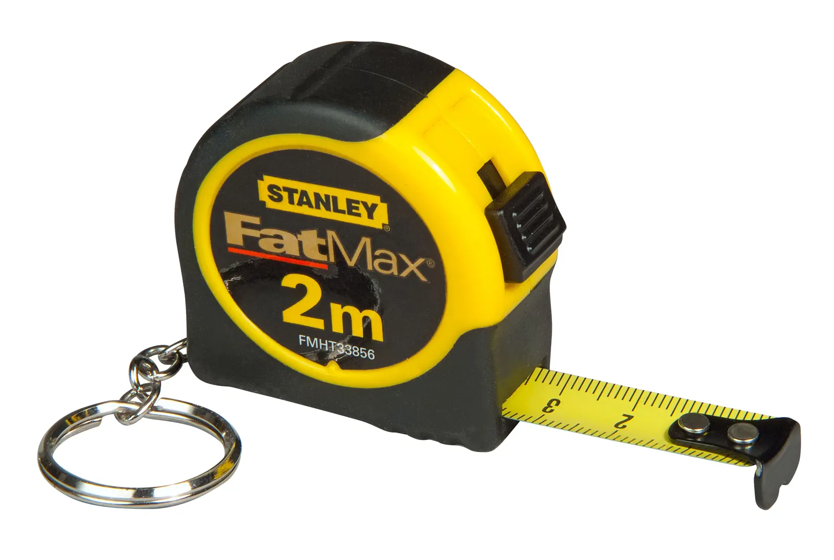 STANLEY FMHT1-33856, FMHT1-33856-KR yellow and black keychain tape measure, side angle photo, FatMax branding.