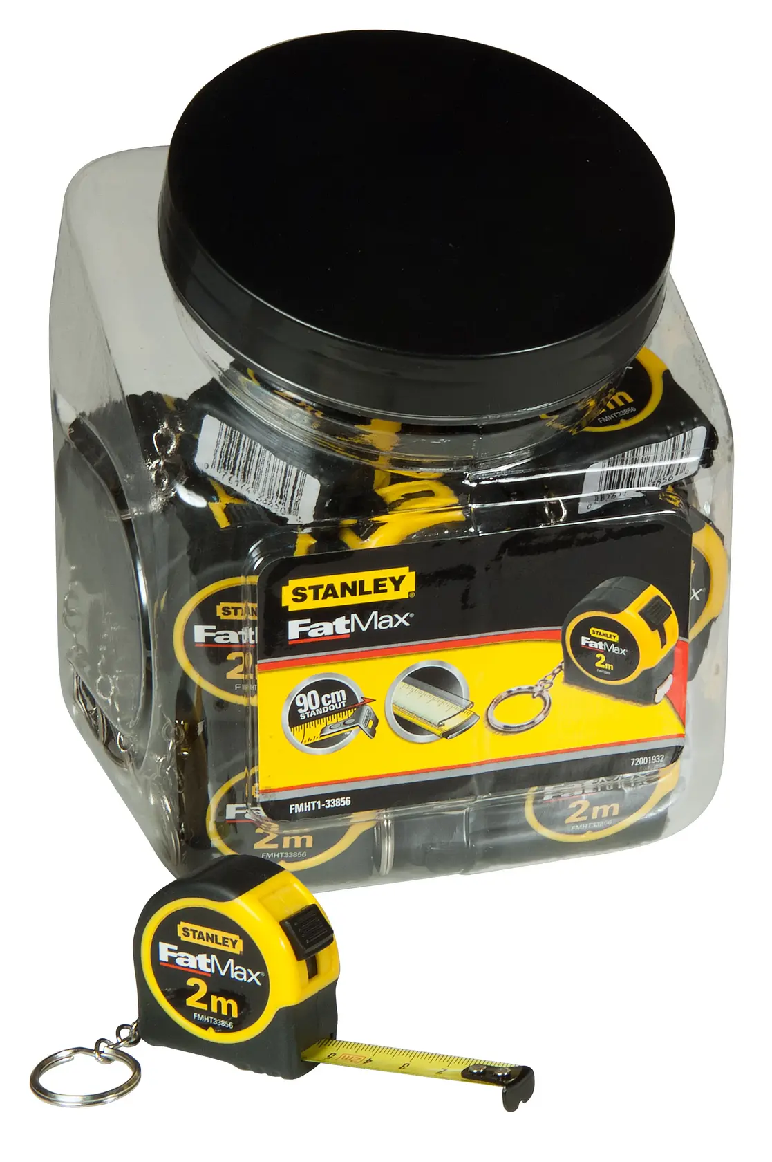 STANLEY FMHT1-33856, FMHT1-33856-KR FatMax tape measure 2m keychain jar, front angle photography.