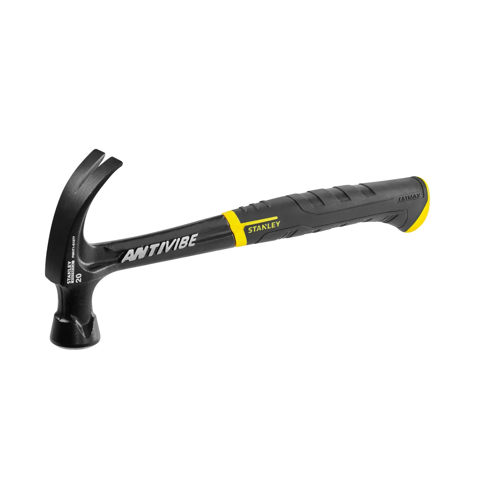 STANLEY FMHT1-51277 black and yellow claw hammer, side angle, visible AntiVibe branding.