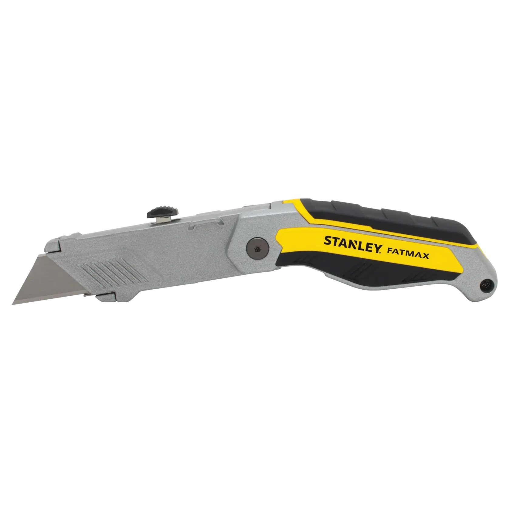 Stanley FATMAX folding utility knife side view with silver blade, yellow and black handle on white background