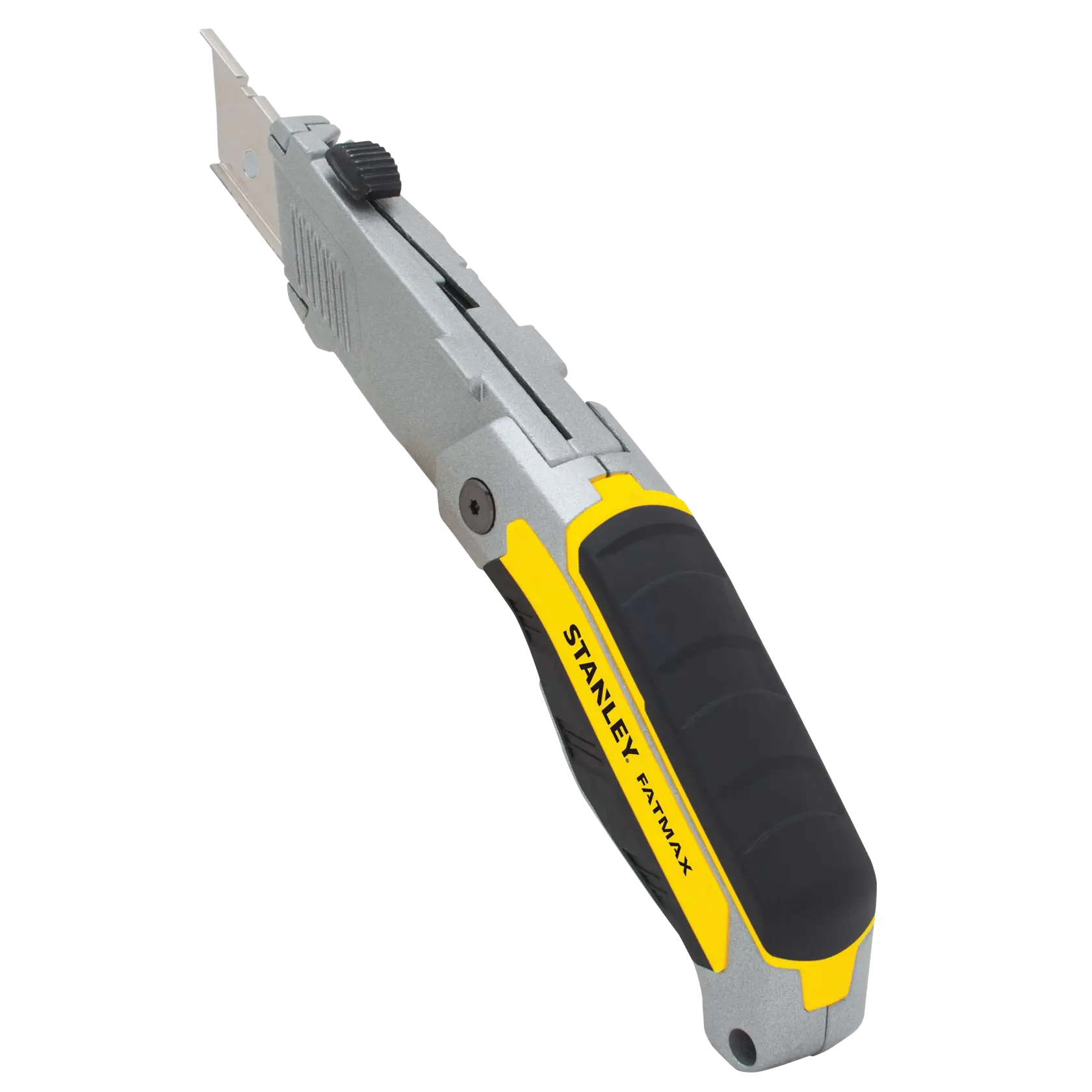 Stanley FATMAX utility knife angled on white background, silver body with black and yellow grip