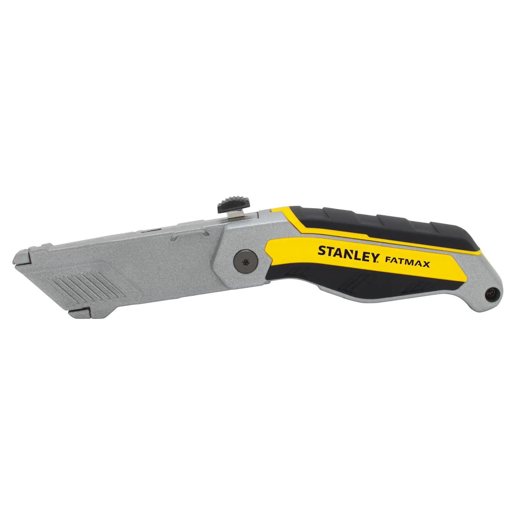 Stanley FATMAX folding utility knife, side view, silver and yellow handle, white background