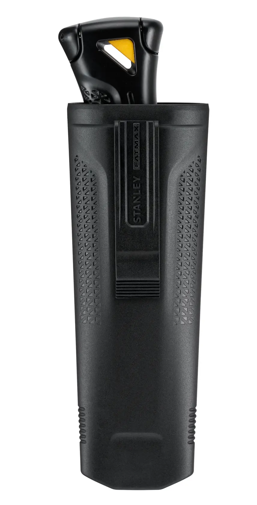 STANLEY FMHT10500-0 utility knife in black holster, front view, with textured grip and belt clip.