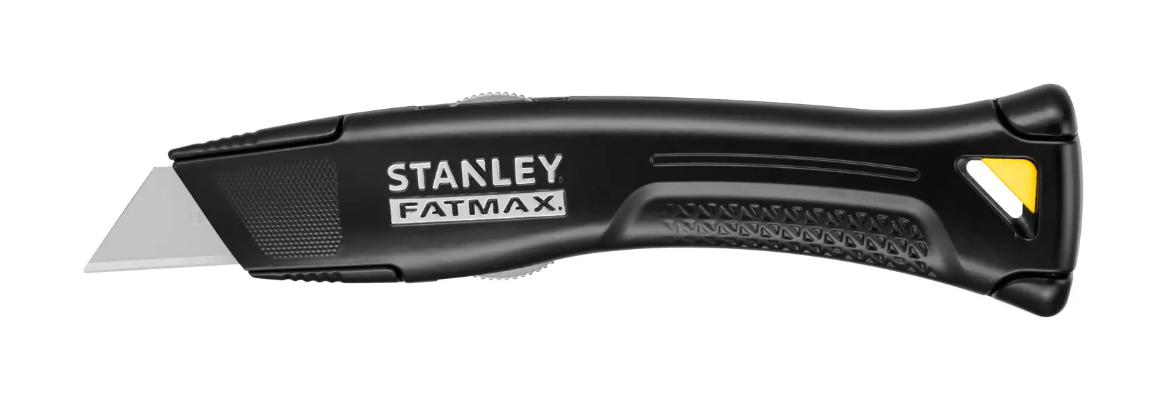 STANLEY FMHT10500-0 utility knife, black handle, left side view, FATMAX branding, photography.
