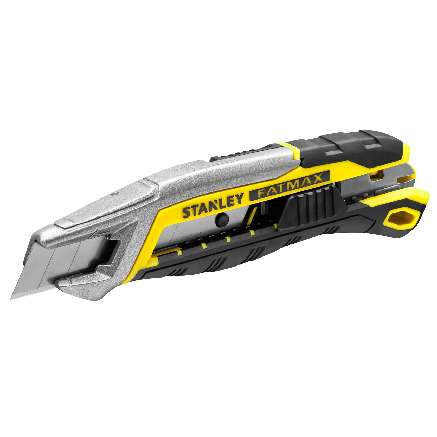 STANLEY FMHT10594-0 utility knife, yellow and black, side view on white background.