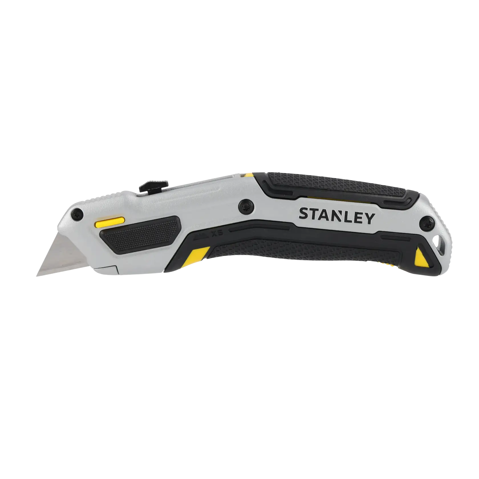 STANLEY folding utility knife with black and yellow grip, shown with blade extended.