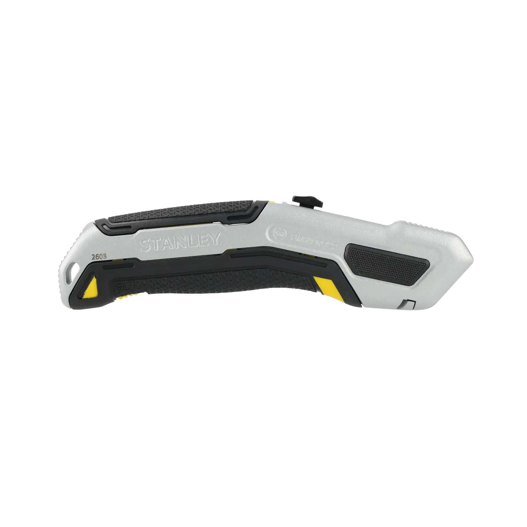 Photo of STANLEY FMHT10722-0 folding utility knife, silver and black, side view, with yellow accents, white background.