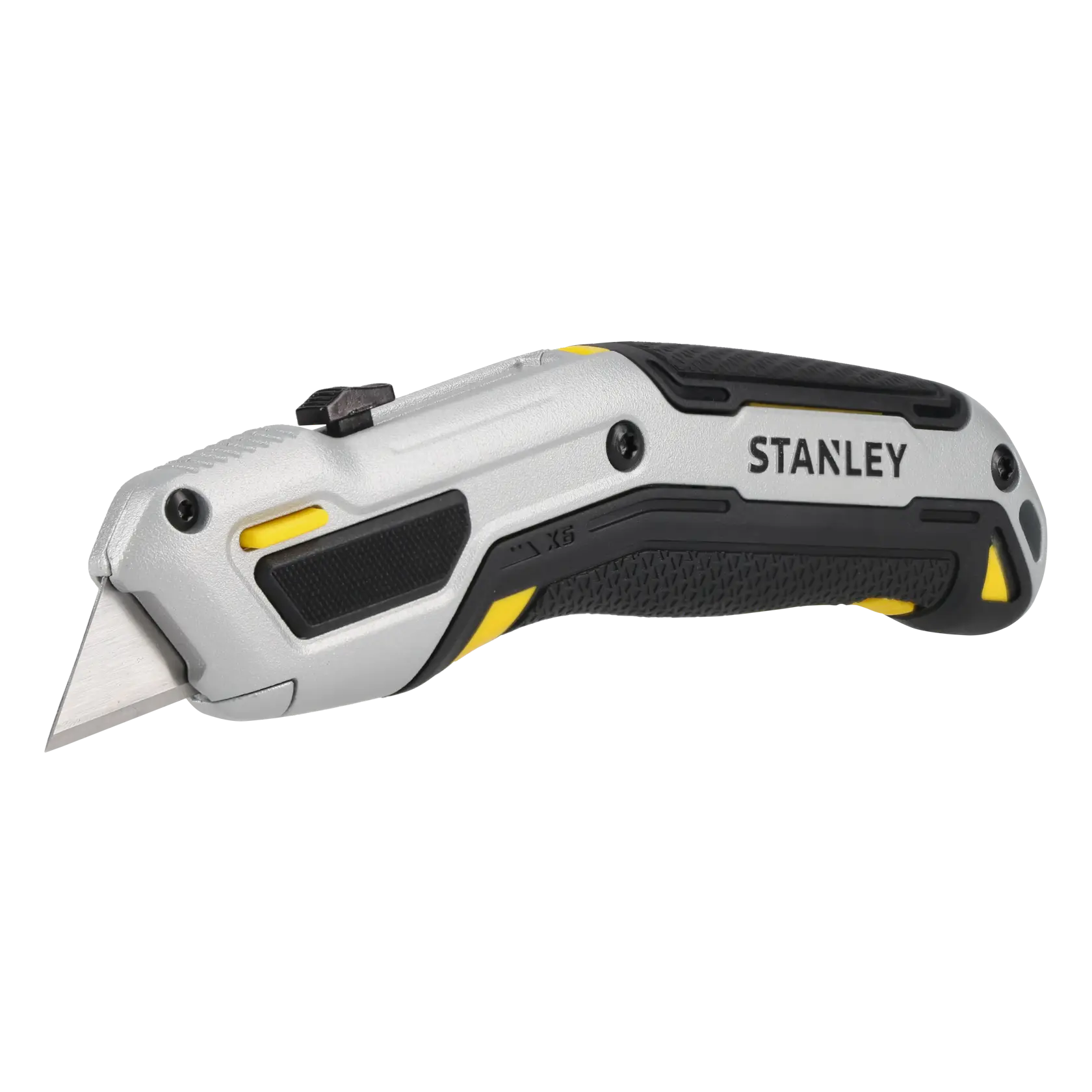 Photo of STANLEY FMHT10722-0 silver and black utility knife with yellow accents, side angle, on white background.