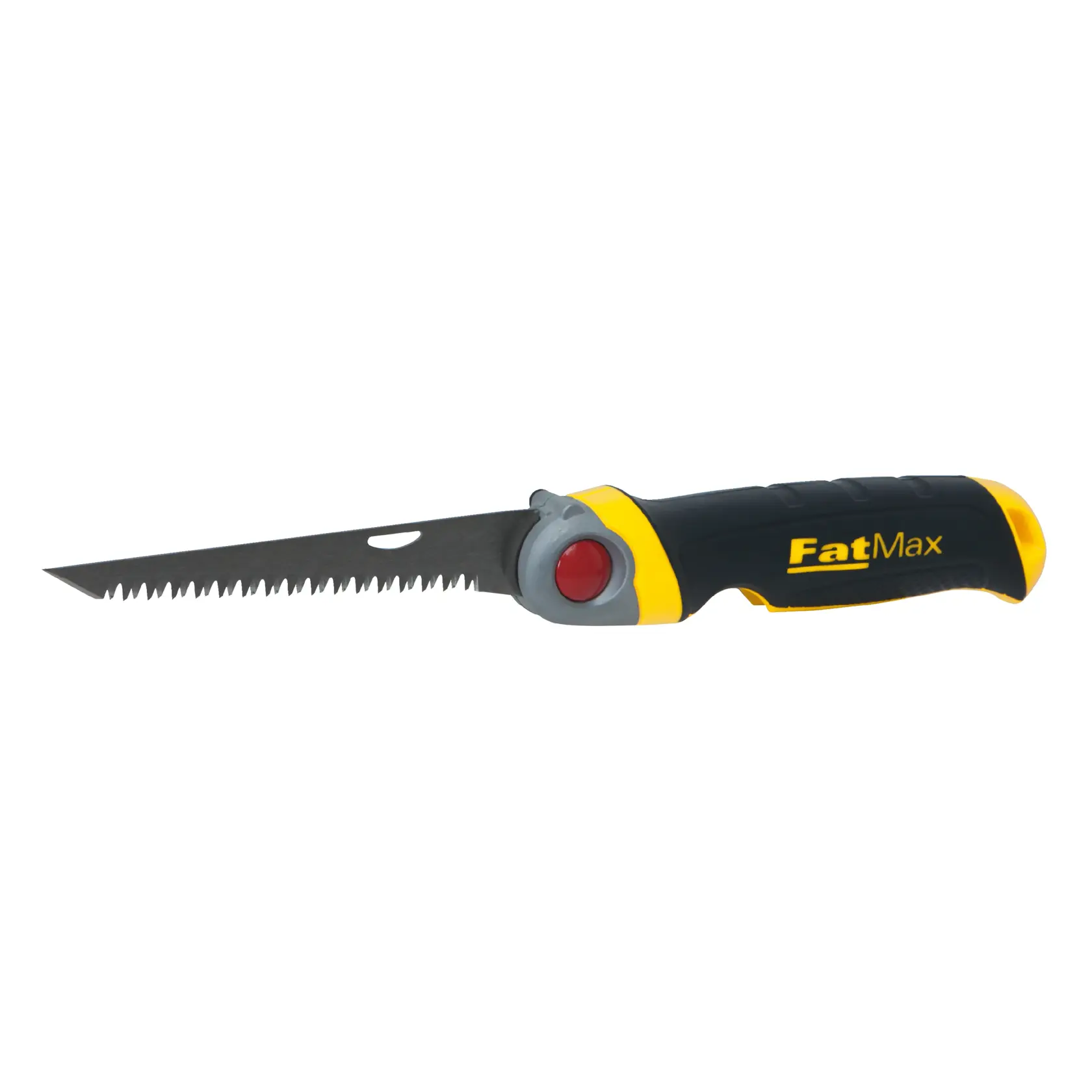 STANLEY FMHT20559 folding drywall saw, black and yellow handle, FatMax branding, side angle photo.