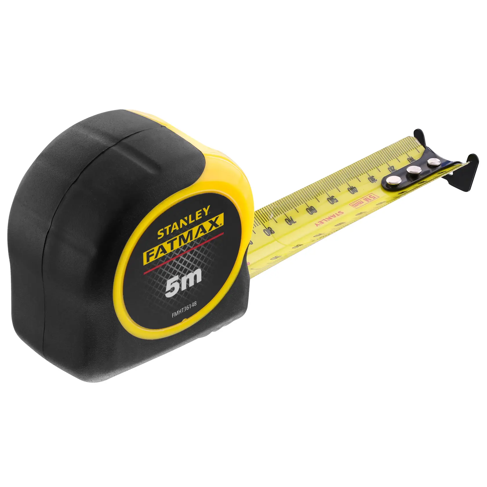 Stanley FATMAX tape measure with yellow and black casing, extended to show 5 meters.