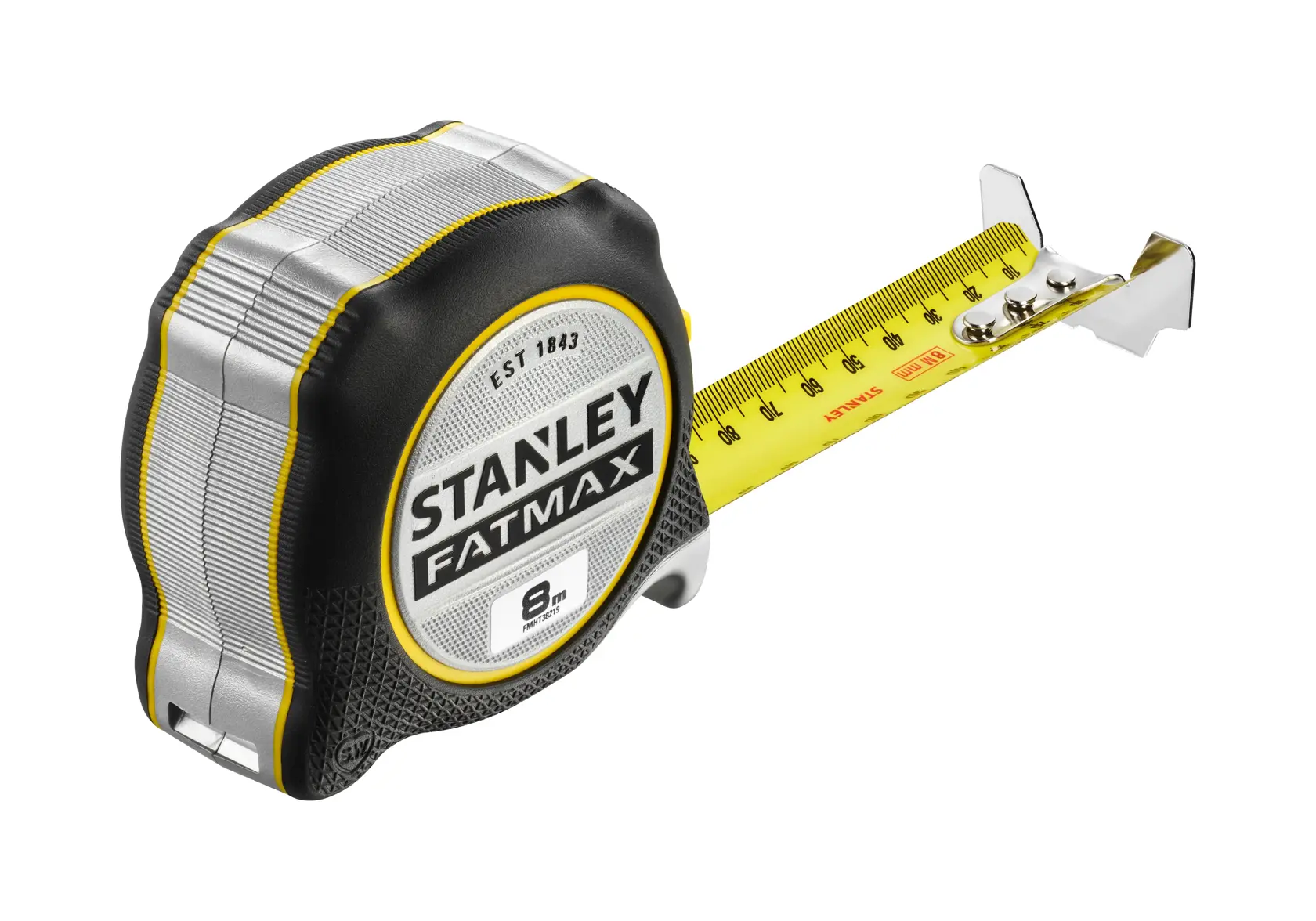 STANLEY FMHT38219-3 tape measure, black and yellow, 8m length, side angle on white background.
