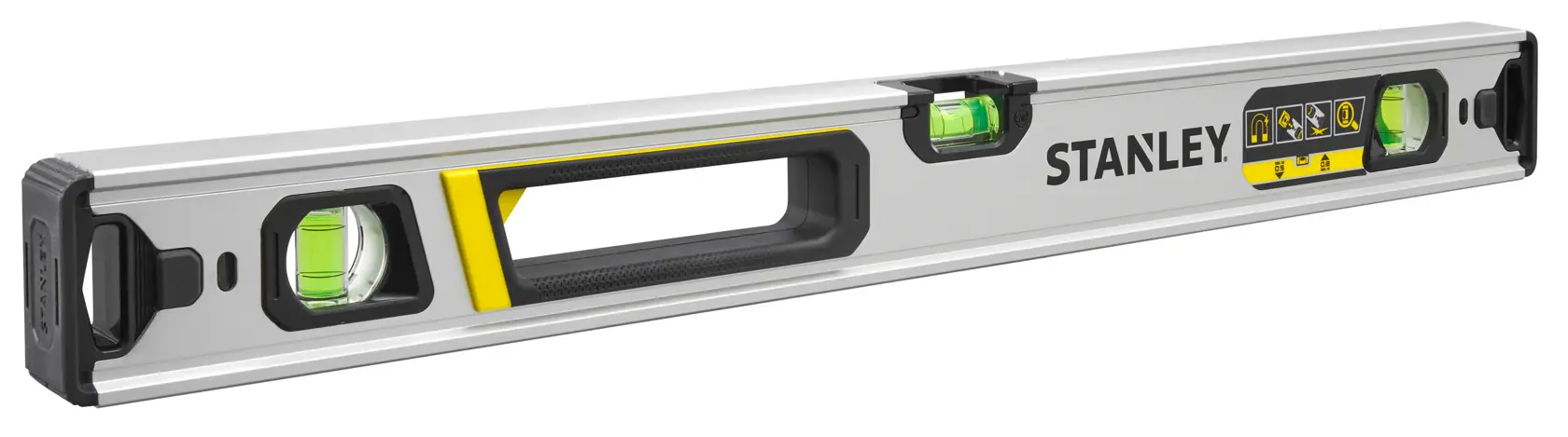 STANLEY FMHT43673-1 aluminum spirit level with three vials, black and yellow handle, side angle on white.