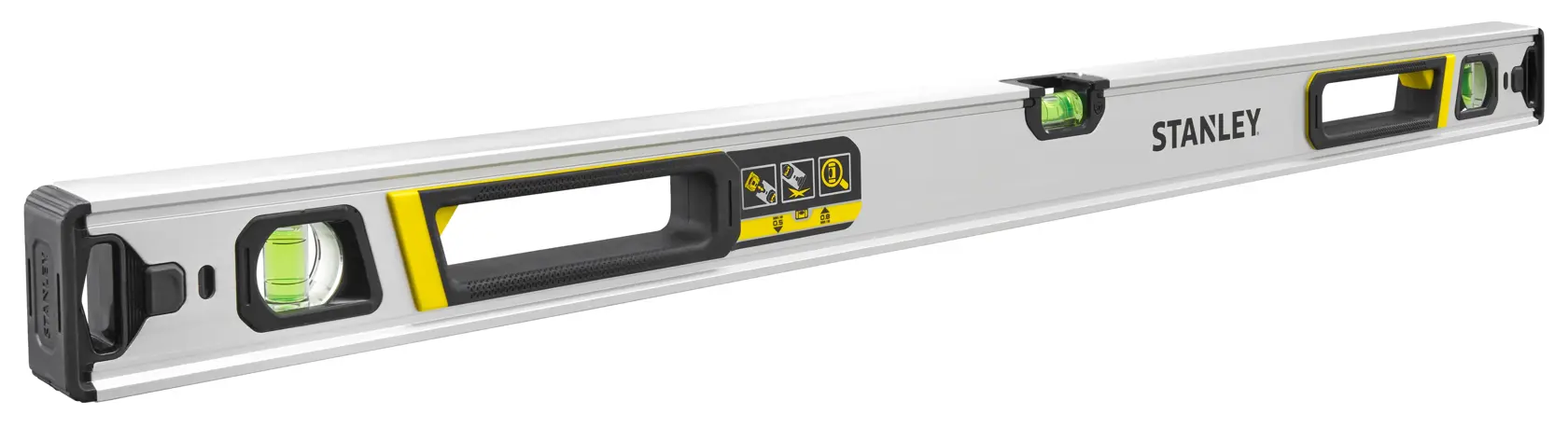 Stanley FMHT43674-1 aluminium spirit level, 3 vials, front angle, yellow and black accents.