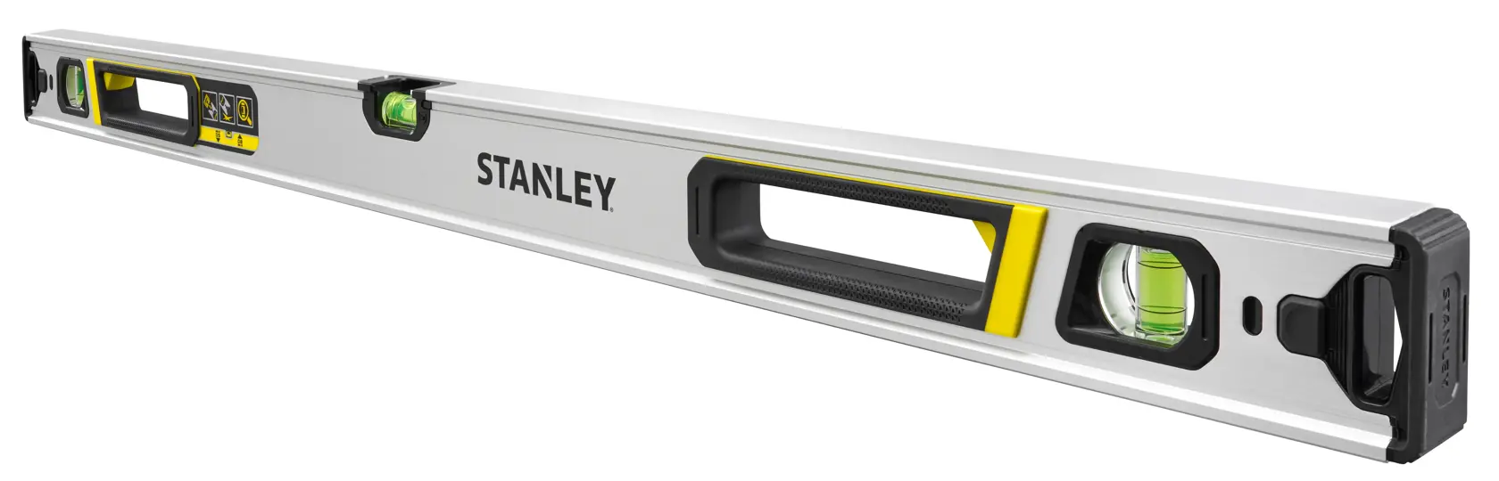 STANLEY FMHT43674-1 spirit level with aluminum body, three vials, and ergonomic handle, angled on white background.