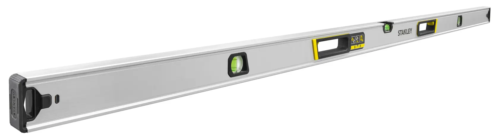 Photo of STANLEY FMHT43678-1 spirit level, long aluminum body with three vials, side angle on white background.