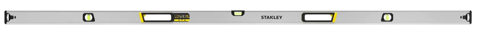 Photo of STANLEY FMHT43679-1 aluminum spirit level with three vials and yellow accents, front angle on white background.