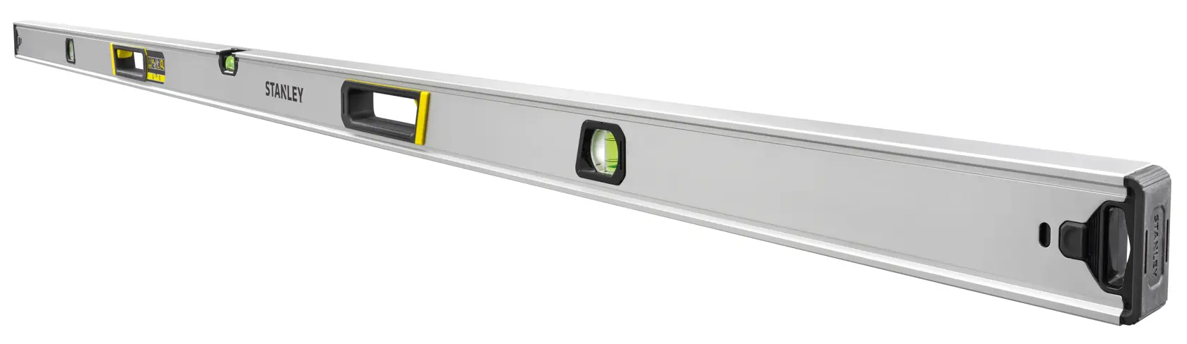 STANLEY FMHT43679-1 aluminum spirit level, front angle on white background, featuring three vials and black end caps.