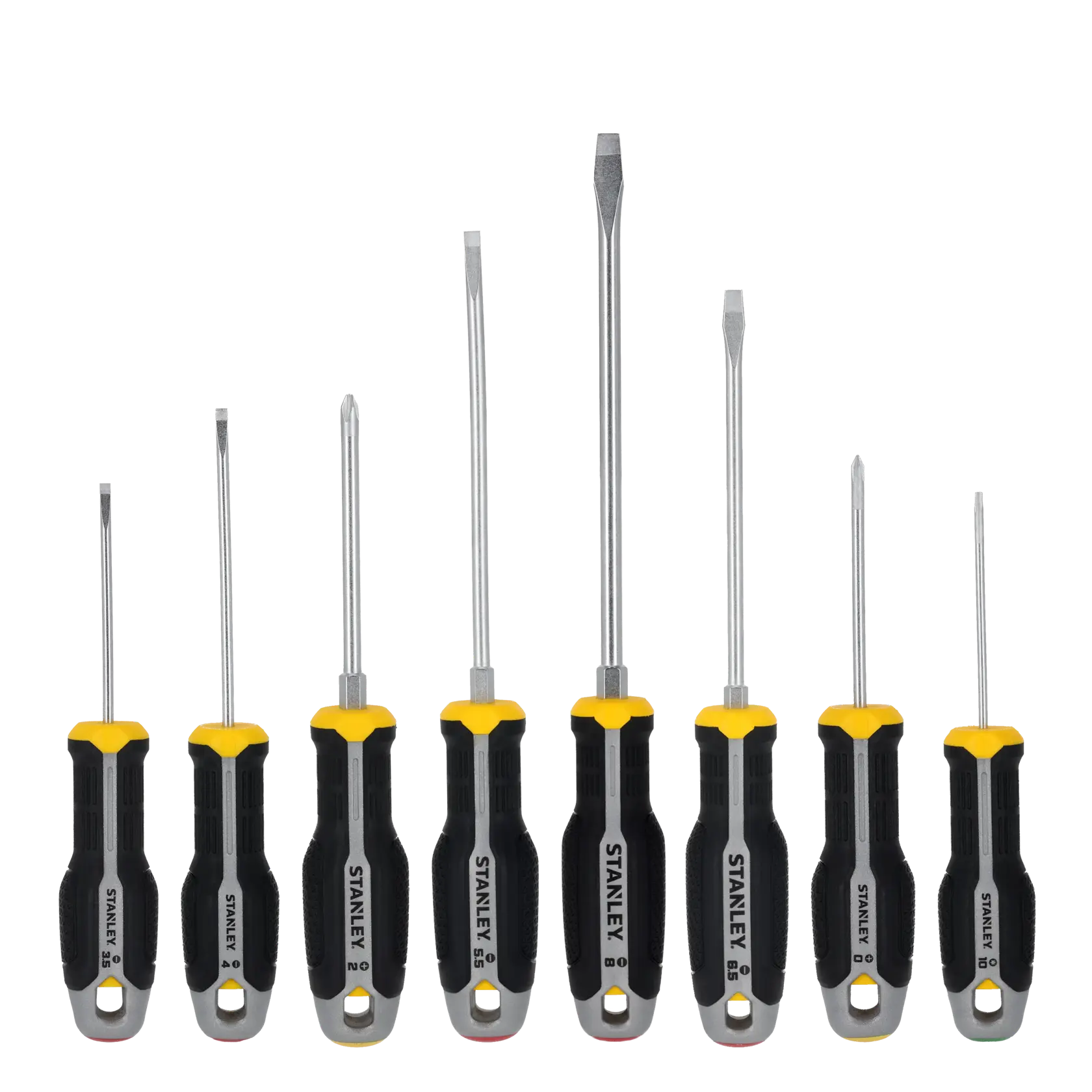 STANLEY FMHT65761-0 screwdriver set, eight black and yellow screwdrivers with ergonomic handles, front view.