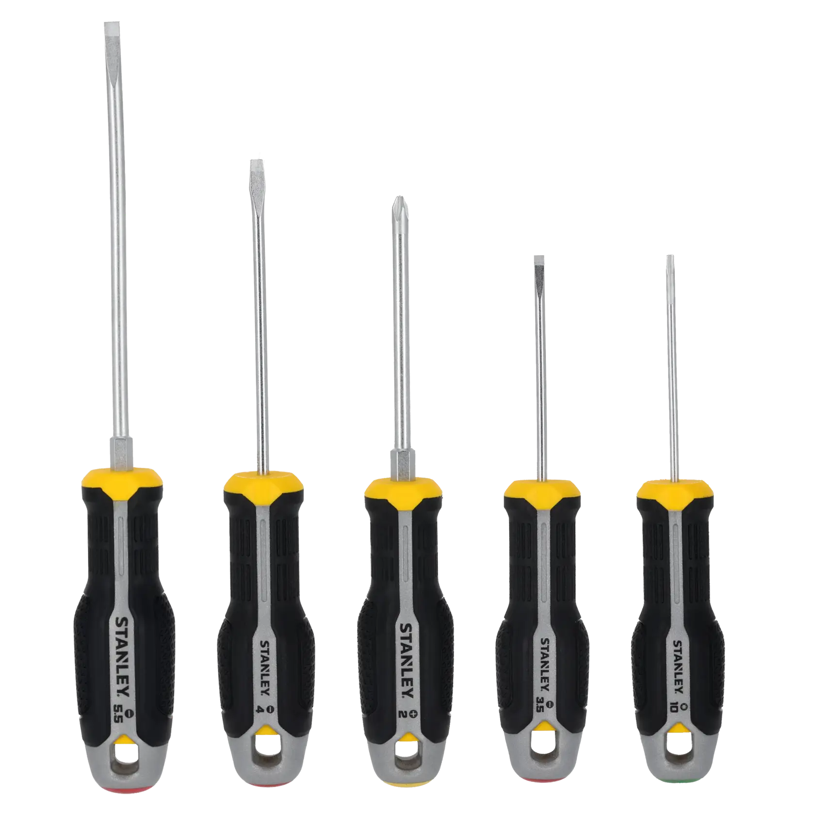 STANLEY FMHT65763-0 screwdriver set, five-piece set with black and yellow ergonomic handles, front view on white.