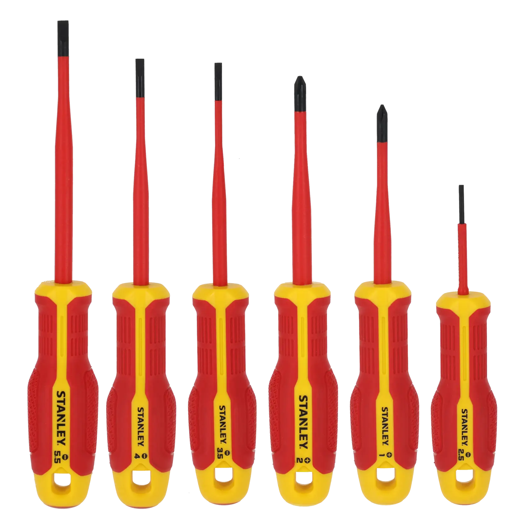 STANLEY FMHT65764-0 insulated screwdriver set, six pieces with yellow and red handles, front view.