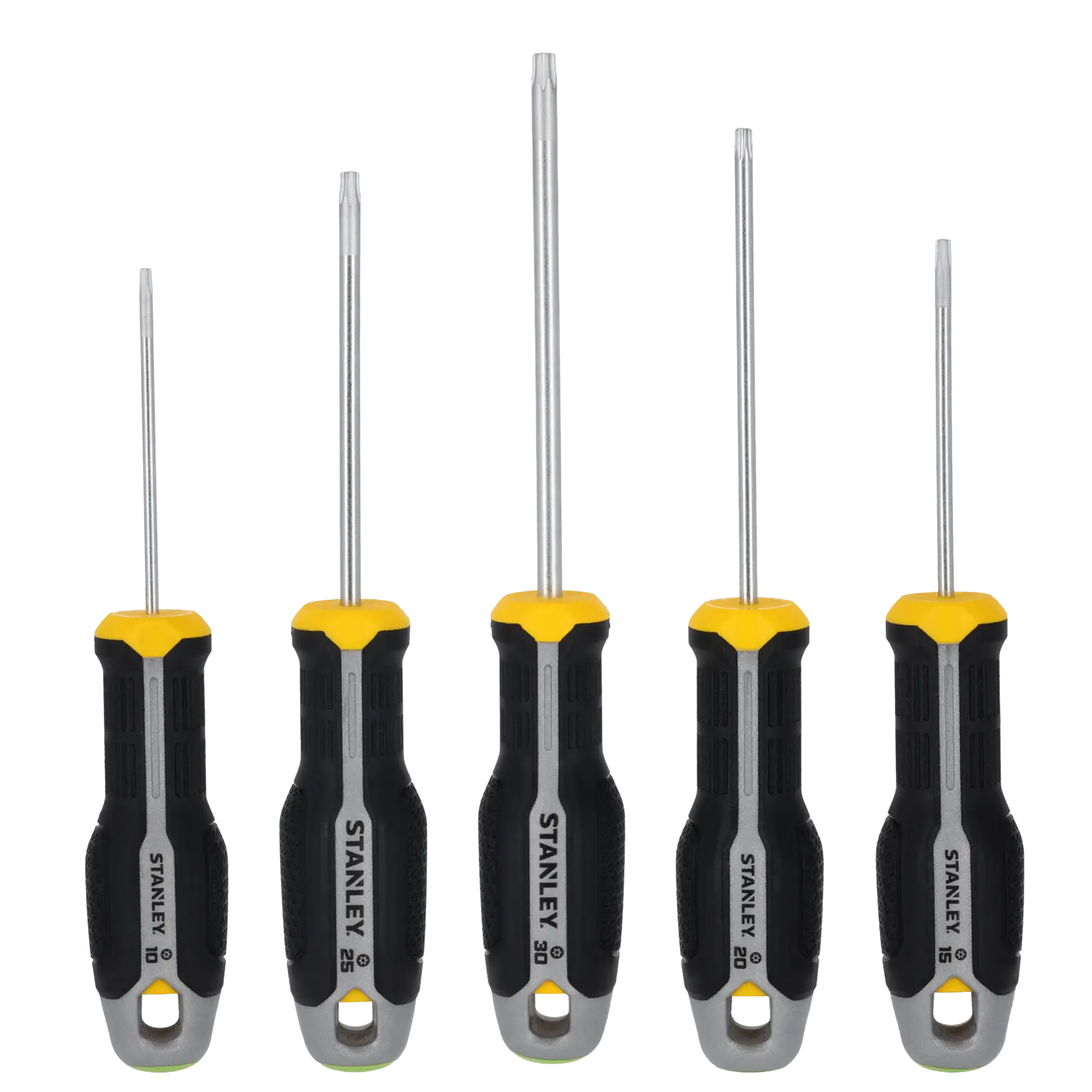 STANLEY FMHT65776-0 five-piece Torx screwdriver set with black and yellow ergonomic handles, front view on white background.
