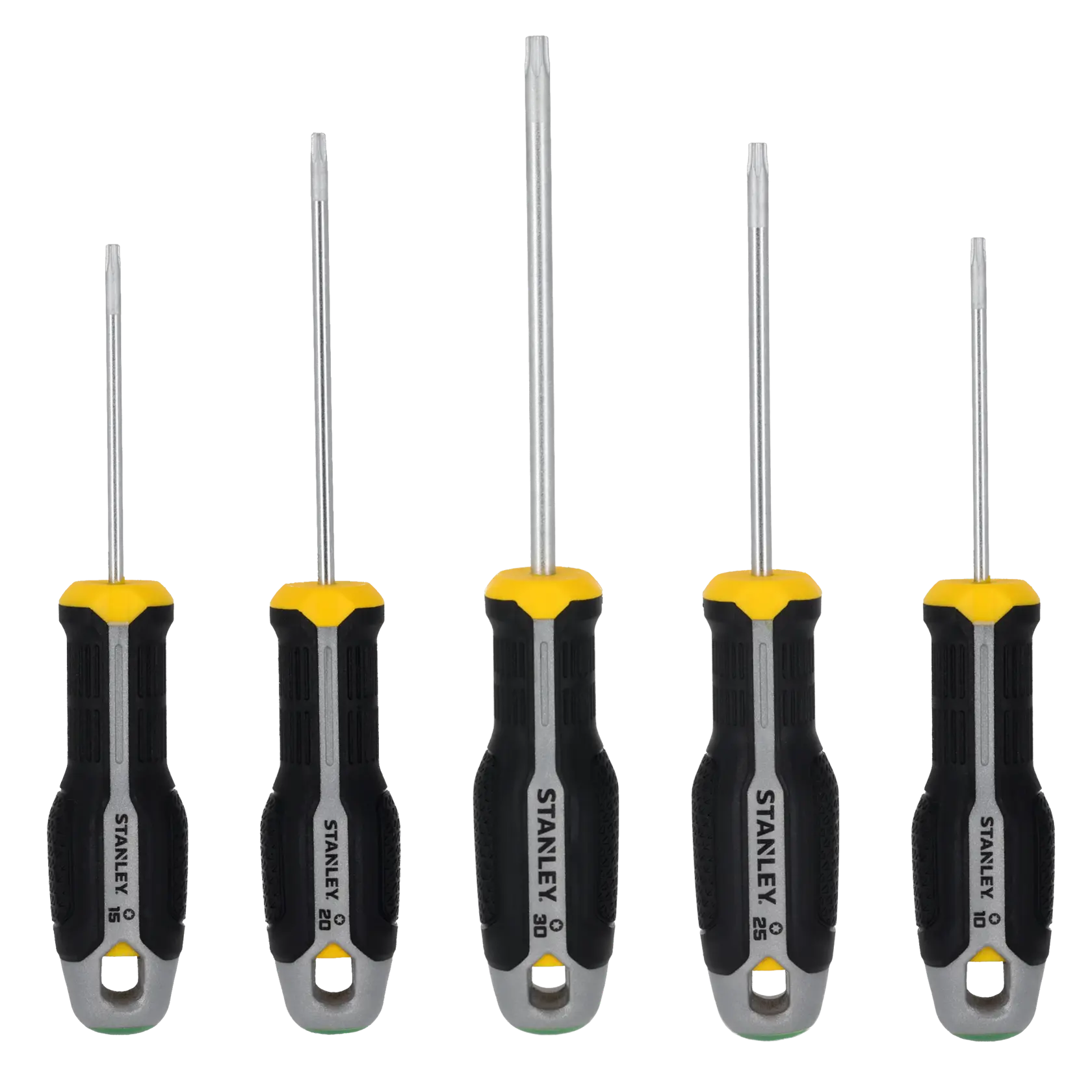 STANLEY FMHT65777-0 screwdriver set of five, black and yellow handles, Torx tips, front angle on white background.