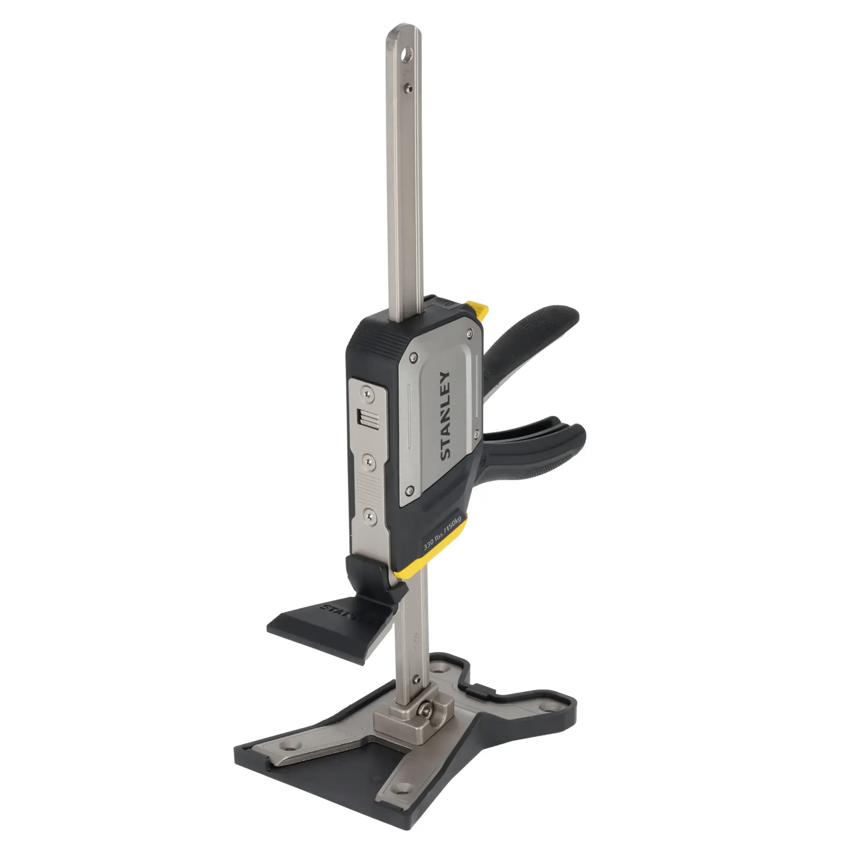 Photo of STANLEY FMHT83550-1 clamp on stand, black and silver, angled view on white background.