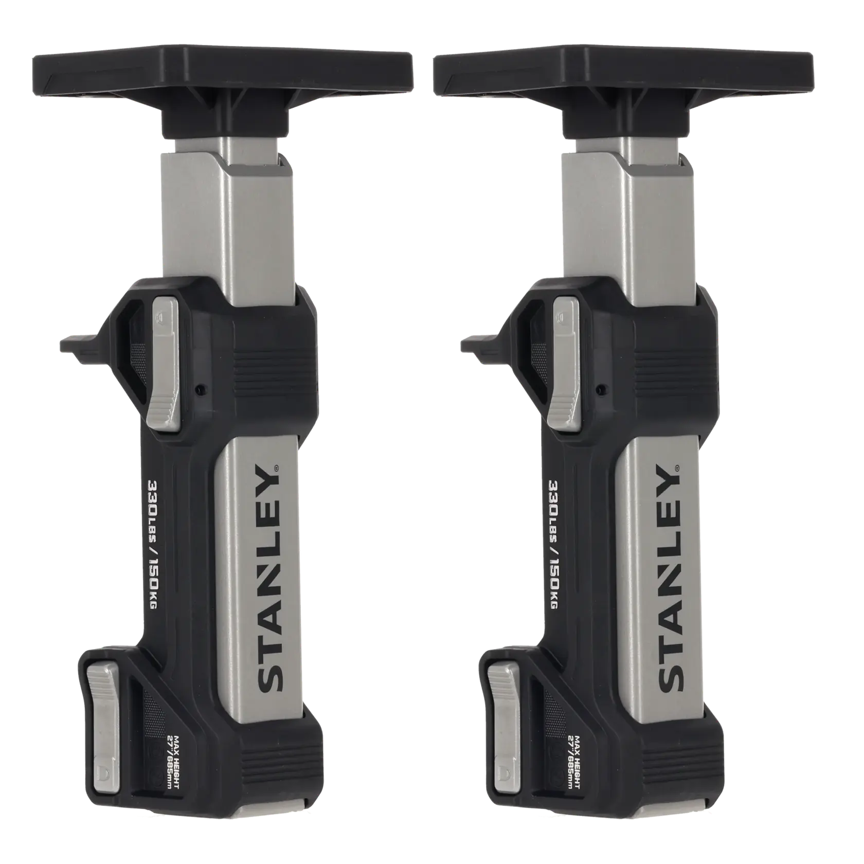 STANLEY FMHT83556 pair of adjustable support rods, black and silver, product side view on white background.