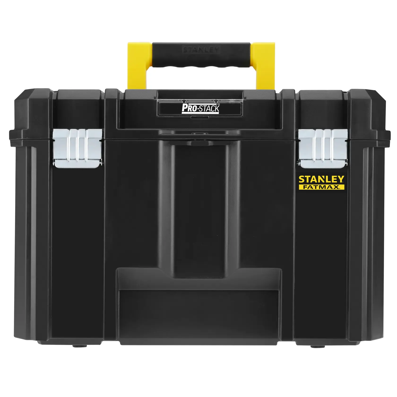 STANLEY FMST1-71971 black Pro-Stack toolbox with yellow handle, front view, on white background.